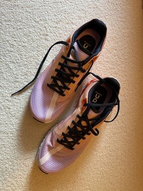 On Running Pink Lilac Running Shoes with Black Laces and Orange Heel